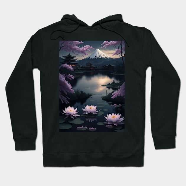 Serene Mount Fuji Sunset - Peaceful River Scenery - Lotus Flowers Hoodie by star trek fanart and more